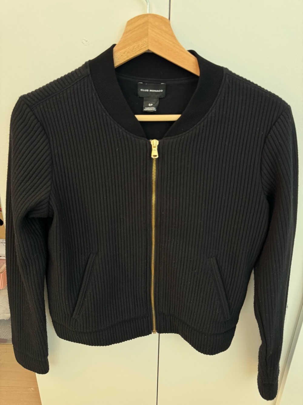 Club Monaco Black Ribbed Bomber Jacket with Gold Hardware